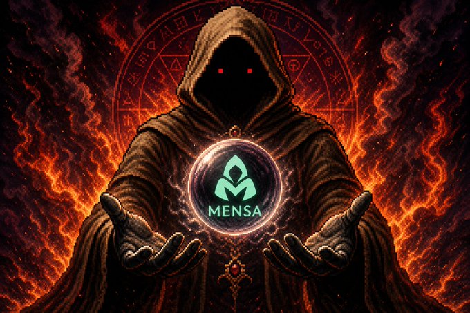 A dark fantasy digital artwork featuring a hooded figure with glowing red eyes holding a glowing orb containing the teal 'MENSA' logo and M-symbol, set against a fiery background with a mystical circular symbol.