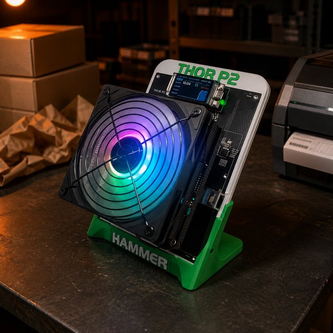 A "THOR P2" cryptocurrency miner with a full-size RGB-illuminated cooling fan sits on a green "HAMMER" branded stand, ready for shipment from cryptocloaks.com. The display shows operational specs including "10.04" (likely TH/s), matching the advertised hashrate of up to 10 TH/s from the accompanying post.