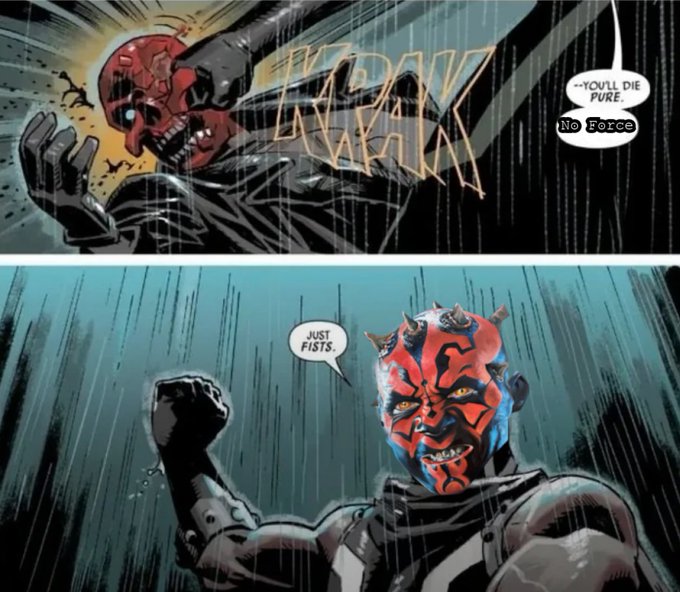 A comic book scene shows a red-faced character with a speech bubble saying "--YOU'LL DIE PURE." and "No Force", followed by Darth Maul appearing with "JUST FISTS." and "KRAK KRAK" sound effects.