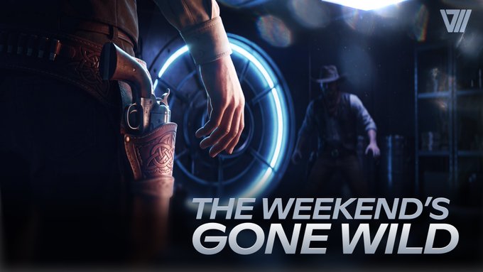 A close-up of a hand reaching toward a holstered revolver, with a shadowy cowboy figure approaching in the background against a glowing blue circular light, paired with the text "THE WEEKEND'S GONE WILD" to promote the "Wanted: 2 Wild 2 Die" slot game with its 15,000x max win potential at app.vault777.com.