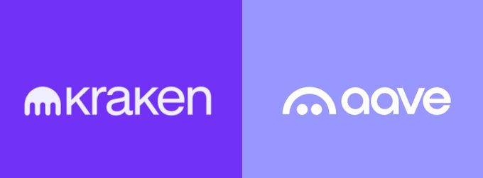 A split purple-toned graphic displays the "kraken" logo on a deep purple background alongside the "aave" logo on a lighter lavender background, visually representing the reported acquisition deal between the two companies.