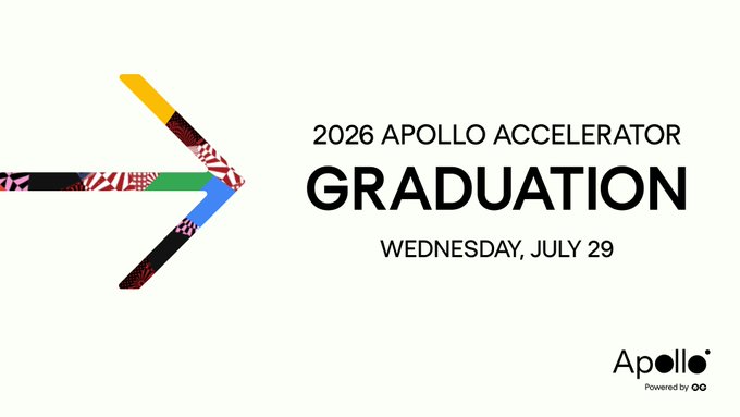 Promotional graphic with a colorful arrow design reading '2026 APOLLO ACCELERATOR GRADUATION, WEDNESDAY, JULY 29' with the Apollo logo 'Powered by OO' in the bottom right.