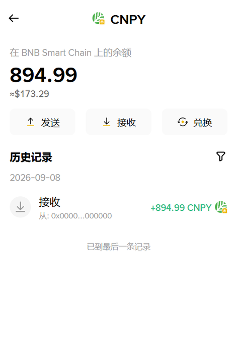 The image shows a CNPY wallet balance of 894.99 tokens (~$173.29) on BNB Smart Chain, with a single incoming transaction record of +894.99 CNPY—reflecting the modest airdrop reward the user received after missing out on the larger $100,000 Nucleus Vision prize pool.
