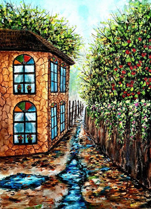 A vibrant painting depicts a stone house with stained-glass windows next to a narrow path, bordered by a lush green wall of foliage dotted with red and pink flowers.