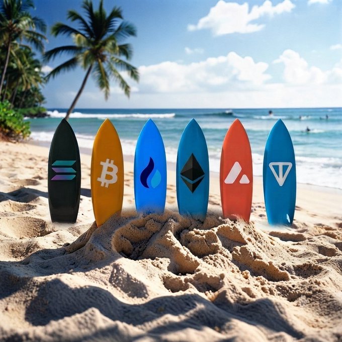 Six colorful surfboards stand upright in the sand, each branded with a different cryptocurrency logo—including Solana (SOL), Bitcoin (BTC), Sui, Ethereum (ETH), and Tron (TRX)—under a bright, sunny beach scene with palm trees and ocean waves. The image evokes a sense of optimism and riding a positive wave, perfectly matching the post's hopeful morning sentiment that something good is on the horizon for crypto.