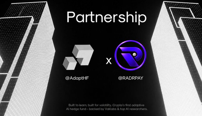 A black promotional slide announces a “Partnership” between “@AdaptHF” and “@RADPAY,” with small text noting the crypto hedge fund is backed by Voklaks and top AI researchers.