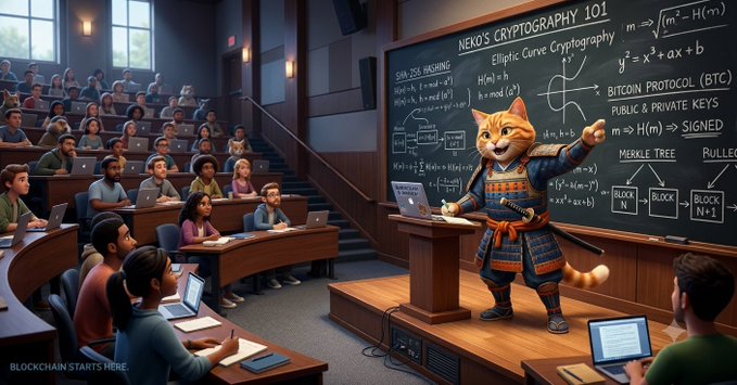 An anthropomorphic cat samurai dressed in traditional armor teaches a packed lecture hall "Neko's Cryptography 101," with a blackboard covering topics like SHA-256 Hashing, Elliptic Curve Cryptography, the Bitcoin Protocol (BTC), and Merkle Tree blockchains, as students take notes on laptops. The whimsical scene ties directly to the post's invitation to join Cryptography 101 and explore crypto topics featuring $Neko, $BTC, and $ETH.