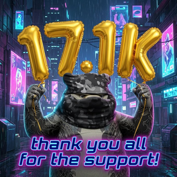 A muscular ninja turtle character in a cyberpunk cityscape holds up gold "1.7K" balloons in celebration, with a glowing neon caption reading "thank you all for the support!" — visually marking the creator's appreciation for reaching 1,700 supporters (likely followers) in the Solana ecosystem mentioned in the post.