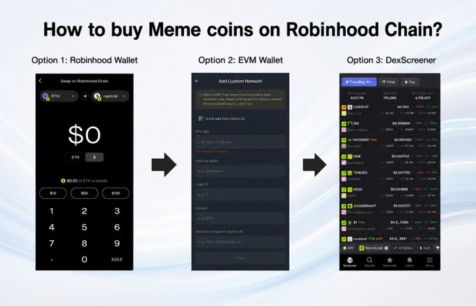 A three-step visual guide titled "How to buy Meme coins on Robinhood Chain?" showing Option 1: Robinhood Wallet, Option 2: EVM Wallet, and Option 3: DexScreener, illustrating the progression from swapping ETH for $MEME token, adding a custom network, to browsing trending meme coins like LEAD, POOH, MOODENG, and OMI.