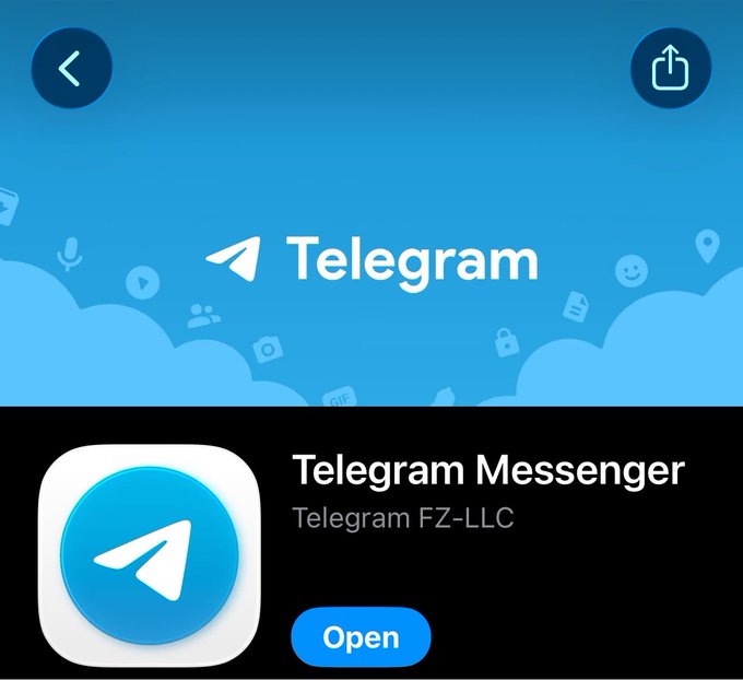 The image shows the Telegram Messenger app page with a blue promotional banner featuring the Telegram paper plane logo, with the text "Telegram Messenger" by "Telegram FZ-LLC" displayed above an "Open" button. The page relates to the post "long telegram token?" as it displays the official Telegram app, referencing the messaging platform whose cryptocurrency token is being discussed.