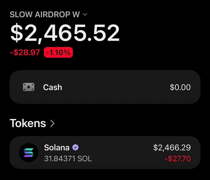 The image shows a crypto wallet screenshot titled "SLOW AIRDROP W" displaying a portfolio value of $2,465.52 (down -$28.97 or -1.16%), holding 31.84371 SOL valued at $2,466.29. This appears to support the post's claim of an upcoming Solana airdrop giveaway, using the wallet's holdings as visual proof of legitimacy to encourage users to comment their wallet addresses for a chance to win.