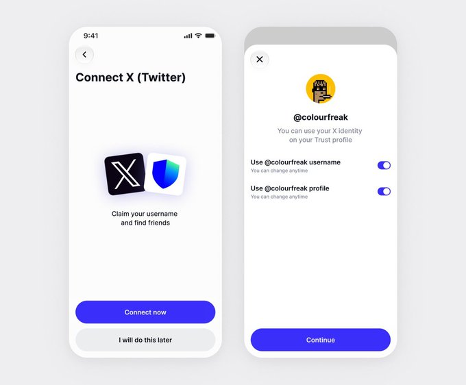 Two mobile app screens showing a 'Connect X (Twitter)' feature with options to 'Claim your username and find friends' and toggle settings for @colourfreak, including a 'Connect now' button.