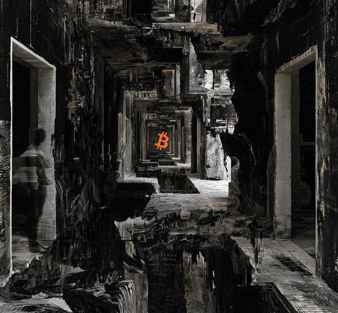 A dark, abstract digital artwork depicting a mirrored corridor or tunnel with an orange Bitcoin symbol at its center.