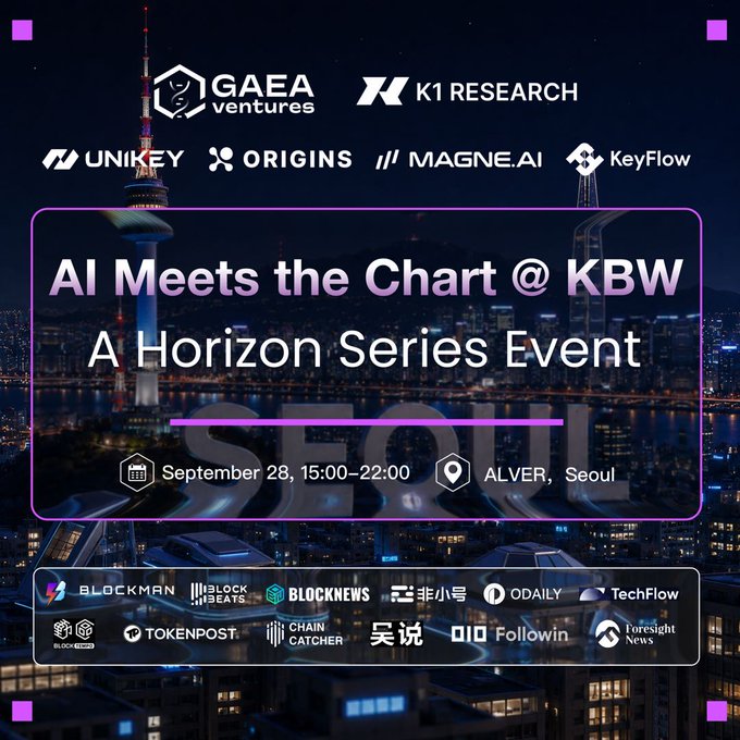 A promotional graphic for 'AI Meets the Chart @ KBW - A Horizon Series Event' scheduled for September 28, 15:00-22:00 at ALVER, Seoul, featuring logos for GAEA ventures, K1 RESEARCH, UNIKEY, ORIGINS, MAGNE.AI, and KeyFlow.