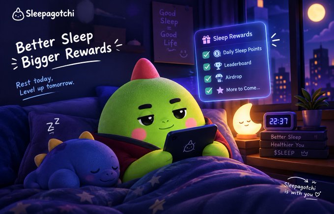 A promotional graphic for Sleepagotchi showing a green mascot character sleeping in bed with a phone, advertising sleep rewards, daily sleep points, leaderboard, airdrop, and more features with the tagline 'Better Sleep, Bigger Rewards.'