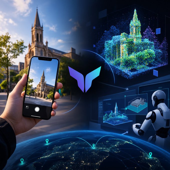 A smartphone photographs a gothic church while a digital interface shows a 3D point cloud model of the building, a robot assistant, and a glowing blue globe with location pins.