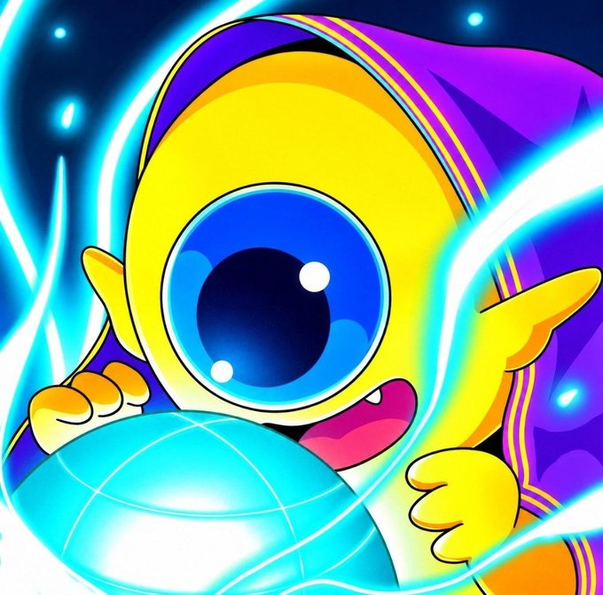 A vibrant cartoon-style image features a large-eyed yellow character with pointed ears and a purple hood, excitedly reaching toward a glowing blue crystal ball surrounded by electric blue energy arcs against a dark starry background. The mystical, spell-casting imagery evokes the "Grimoire" burns and on-chain transactions referenced in the post, visually reinforcing the theme of magic-fueled destruction or verification.