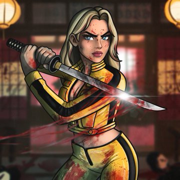 A digital illustration of a blonde woman in a yellow and black outfit wielding a katana covered in blood, set against an Asian-style backdrop.