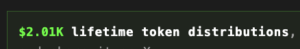 A dark green graphic with light green and white text highlighting '$2.01K lifetime token distributions,'.