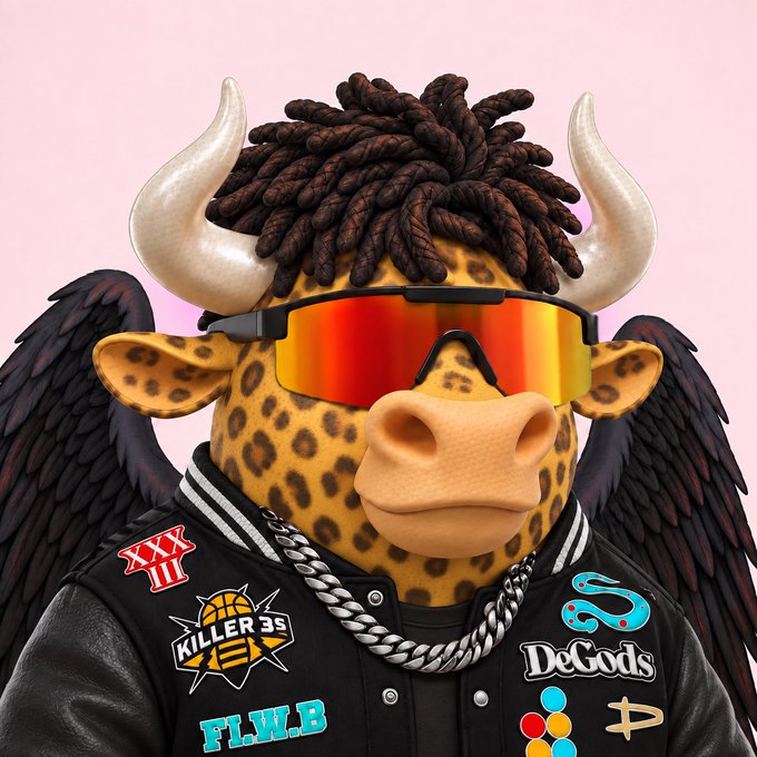 3D-rendered anthropomorphic leopard character with dreadlocks, reflective orange sunglasses, and black angel wings, wearing a black jacket adorned with patches like "KILLER 33", "DeGods", and "FLW.B".