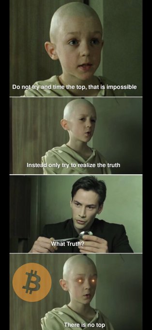 A four-panel meme shows the young boy from "The Matrix" advising against trying to time the top, telling another character to "realize the truth" before revealing his glowing Bitcoin-orange eyes and declaring "There is no top." The image serves as a bullish crypto reminder that Bitcoin has no ceiling.