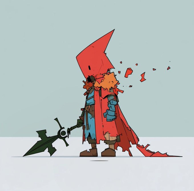 A tattered knight-like figure with a tall red pointed hood, orange fur collar, and tattered red cape holds a dark green weapon while shattered pieces of red float away from its head, set against a pale blue background. The stylized character art reflects the NFT collection piece mentioned in the post, capturing its unique monster design in a minimalist, flat-color illustration style.