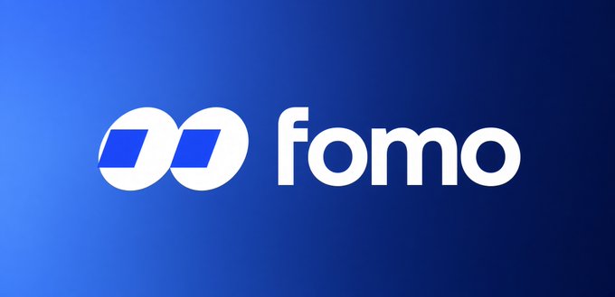 The image displays the "fomo" logo, featuring two stylized white speech-bubble icons with blue quotation marks beside the lowercase white "fomo" wordmark, all set against a blue gradient background. This branding aligns with the post promoting Fomo, where the user is encouraging sign-ups to the platform via their referral link.