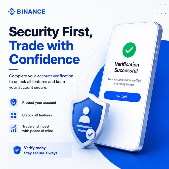 A Binance advertisement reading 'Security First, Trade with Confidence,' promoting account verification with a phone showing 'Verification Successful' and a blue security shield icon.