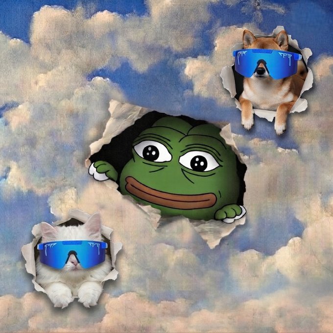 The meme features Pepe the Frog bursting through clouds in the center, flanked by a Shiba Inu wearing ski goggles ("woof") in the top right and a fluffy white cat also sporting ski goggles ("meow") in the bottom left. The surreal "dogs in the sky" composition plays into the post's playful "gm" (good morning) greeting, with the frog and animal sunglasses embodying the cheerful "ribbit, woof, meow" energy of a wholesome crypto/tradfi meme morning.