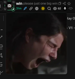 A social media post titled 'win please just one big win' featuring a close-up of a dark-haired man screaming or laughing intensely in what appears to be a movie or TV scene.
