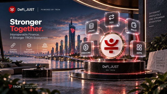 A promotional graphic for 'DeFi_JUST' on TRON blockchain featuring the tagline 'Stronger Together. Interoperable Finance. A Stronger TRON Ecosystem.' with icons for DEX, Lending, Wallet, Stablecoins, and dApps arranged around a central logo.