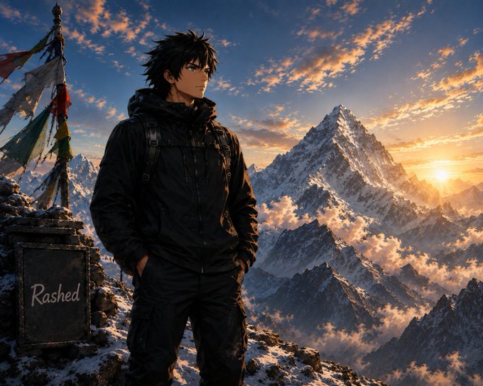 An anime-style character named 'Rashed' stands on a snowy mountain summit next to prayer flags, with dramatic peaks and a sunset sky in the background.