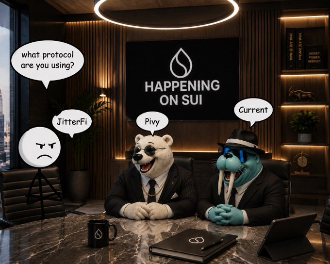A meme-style image titled 'HAPPENING ON SUI' showing two suited animal characters (a bear and a walrus) at a table, with speech bubbles referencing protocols 'JitterFi', 'Pivy', and 'Current'.