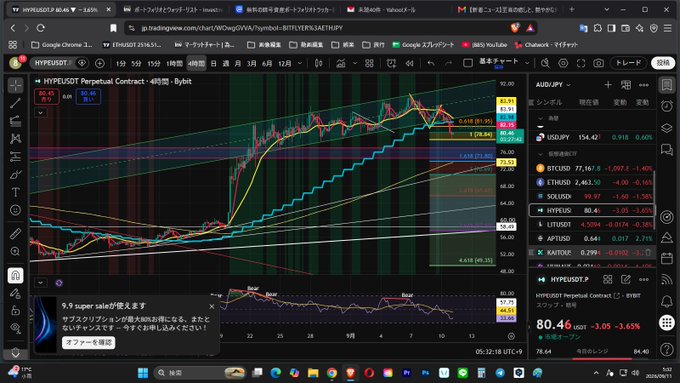 A TradingView chart displaying a Japanese interface for the HYPEUSDT Perpetual Contract on Bybit, with the price around 80.46 (-1.05), and an audio JPY symbol panel on the right side.