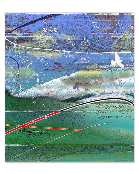 An abstract digital artwork displays flowing, layered patterns in shades of blue, white, green, and black, with a distinct red 'X' shape near the center and various textured, wave-like forms.