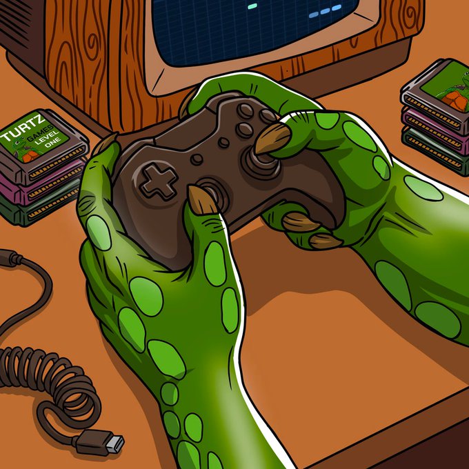 Green reptilian hands grip a brown game controller next to a CRT TV and stacked cartridges labeled "TURTZ," promoting a $250 GTD gaming tournament whitelist with ref link call-to-action.