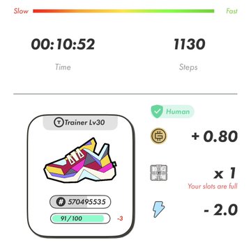 A fitness app screenshot showing a workout timer at 00:10:52 with 1130 steps, a 'Slow' to 'Fast' progress bar, and a trainer card featuring a colorful sneaker labeled 'Trainer Lv30' with stats: +0.80 coins, x1 slot (full), and -2.0 energy.