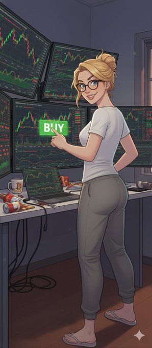 A confident blonde woman wearing glasses stands in her trading setup, holding up a glowing green "BUY" sign in front of multiple monitors displaying stock charts and candlestick patterns, perfectly embodying the post's call to action about buying market dips during a "GM" (good morning) greeting.
