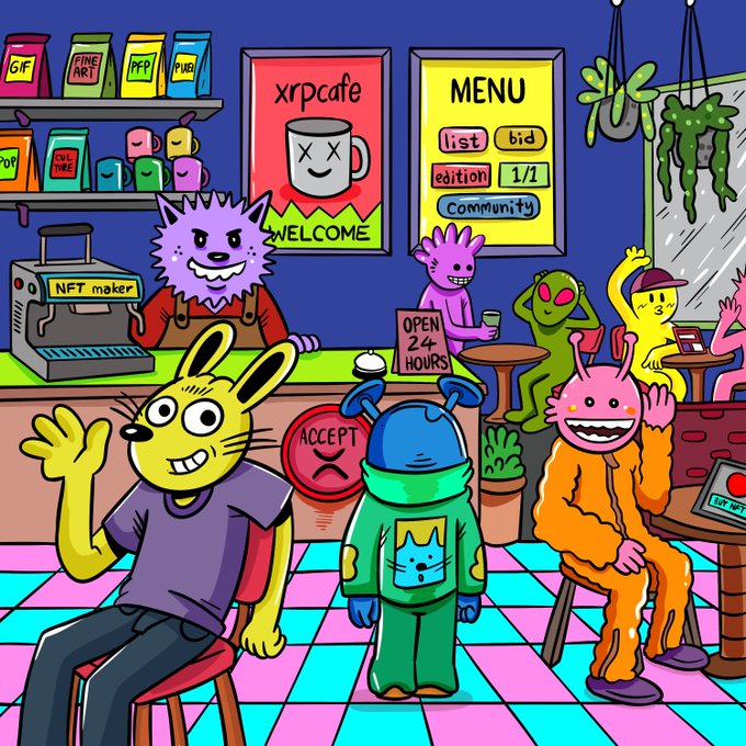 A vibrant illustration of an NFT-themed café featuring colorful cartoon characters—including a yellow rabbit, purple cat, and pink creature—gathered in a room with checkered flooring, where signage displays "xrpcáfe," "MENU," "OPEN 24 HOURS," and an "NFT maker" machine on the counter. The scene visually represents the post's promotion of @xrpcafe as a hub blending XRP, art, and culture.