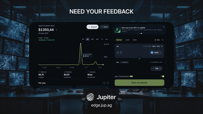 A promotional graphic for Jupiter (edge.jup.ag) titled 'NEED YOUR FEEDBACK', displaying a crypto swap interface with Solana Portfolio Value at $1350.44 and an airdrop notification to earn over 5.4% APY on JupSOL.