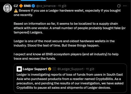 A tweet from CZ (cz_binance) warning users about potential scams involving Ledger hardware wallets bought through a reseller named CryptoBilis, referencing a tweet from Ledger Support.