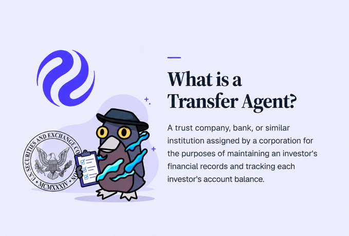 An educational graphic titled 'What is a Transfer Agent?' with a logo, a cartoon bird character in a detective hat, a U.S. Securities and Exchange Commission seal, and text explaining that a transfer agent is 'A trust company, bank, or similar institution assigned by a corporation for the purposes of maintaining an investor's financial records and tracking each investor's account balance.'