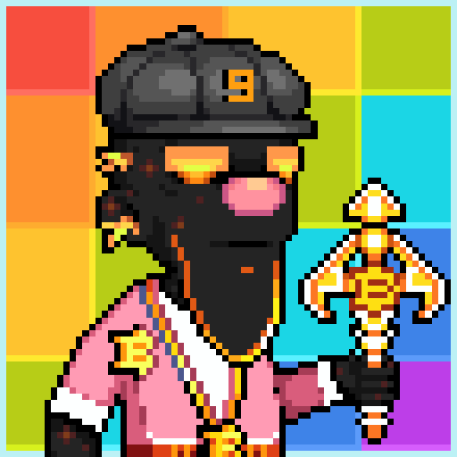A pixel art character wearing a black cap, pink shirt, and gold chains holds an ornate golden sword against a colorful checkered background.