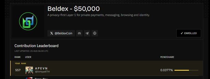 A screenshot showing the 'Beldex' project with '$50,000' bounty, a description as 'A privacy-first Layer 1 for private payments, messaging, browsing and identity', and a Contribution Leaderboard ranking 'APEVN' at rank 557 with 0.037% mindshare.