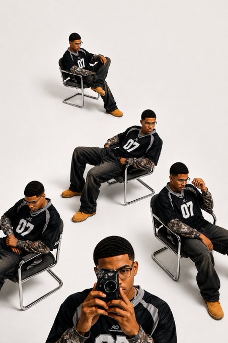 An editorial fashion photograph featuring a young man wearing a black and gray "07" jersey and jeans, shown multiple times in a composite layout—seated in chrome chairs in various poses and taking a self-portrait with a vintage camera.