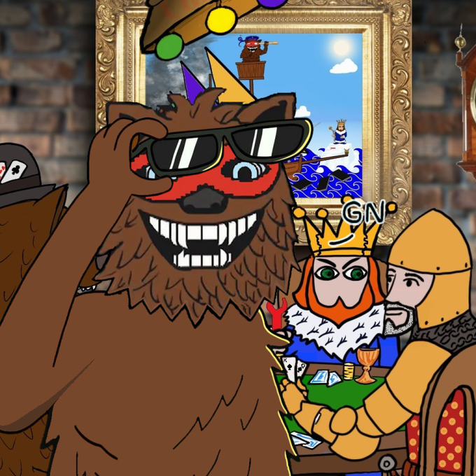 A colorful cartoon illustration features a grinning bear wearing sunglasses standing in front of a framed painting, with a king and knight playing cards behind him.