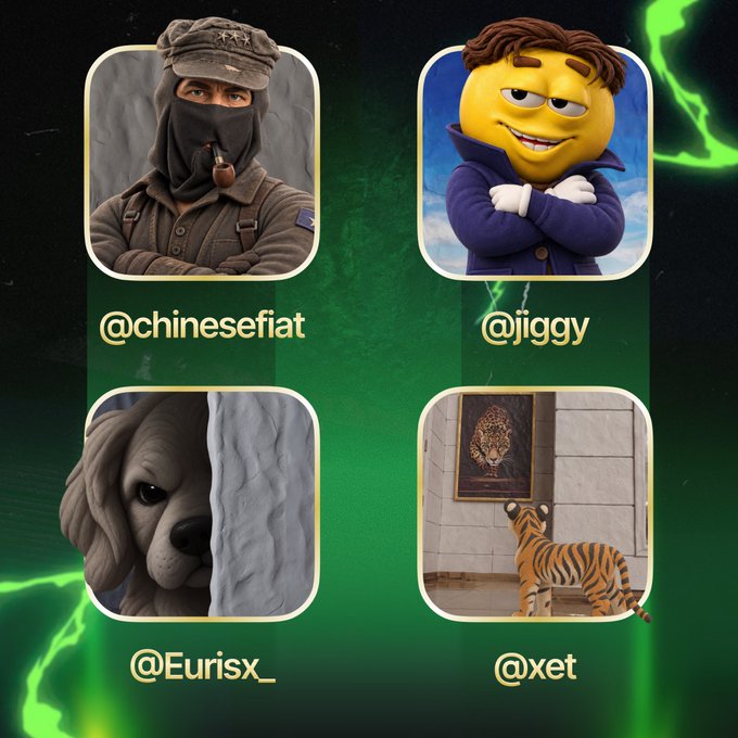 A 2x2 grid showcases four profile icons against a green electric-themed background, featuring @chinesefiat (a masked figure with a pipe), @0xjiggy (a yellow emoji-like character with crossed arms), @Euris_x_ (a sad dog peeking from behind a wall), and @xet (a tiger beside a leopard painting). The image serves as a visual roster introduction for the featured Pumpfun personalities highlighted in the caption.