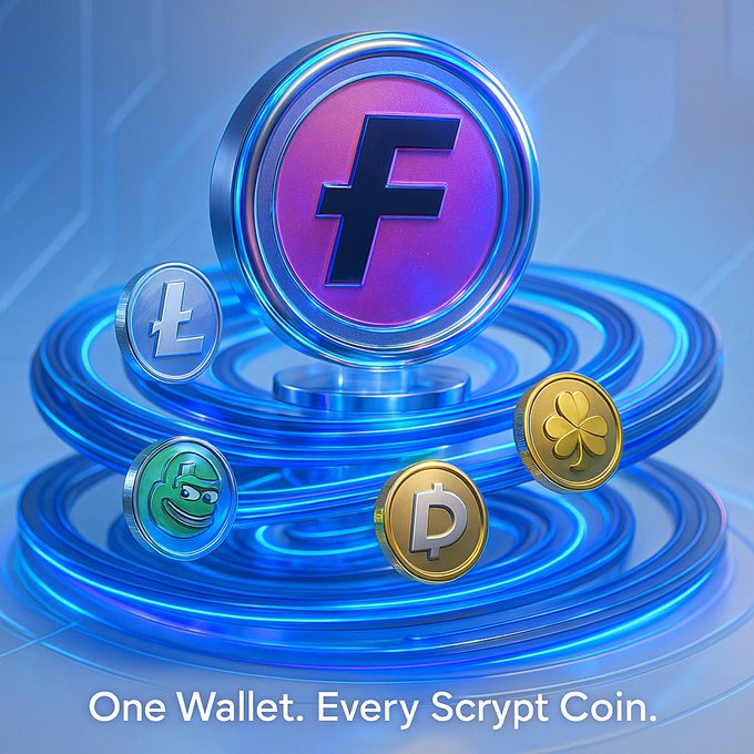 A digital advertisement displays various cryptocurrency coins including Facebook's F token, Litecoin, Dogecoin, and others, with the text 'One Wallet. Every Scrypt Coin.'