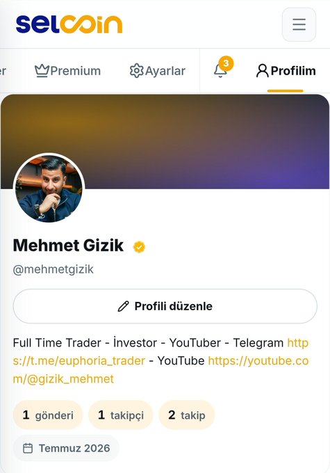 The image shows a Selcoin profile page for Mehmet Gizik (@mehmetgizik), featuring a verified account banner with his photo, the bio "Full Time Trader - investor - YouTuber - Telegram," and stats showing 1 post, 1 follower, and 2 following, with the account set to expire in July 2026. This relates to the post as it visually confirms Mehmet's new Influencer-mode Selcoin profile that he's announcing to his followers, highlighting the platform's clean interface he praises.