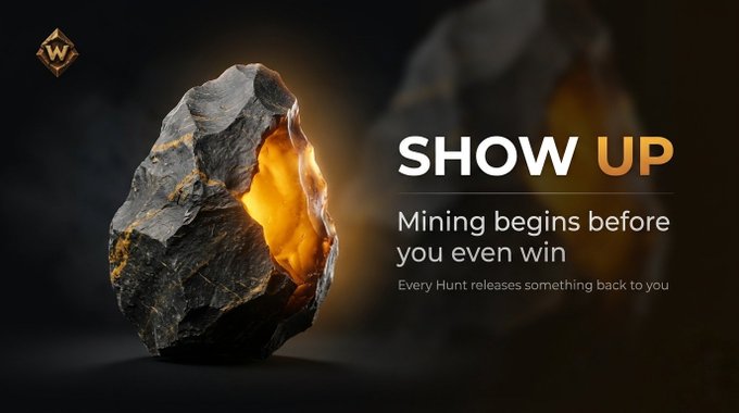 A promotional graphic showing a glowing rock-like object with the text 'SHOW UP' and 'Mining begins before you even WIN' along with 'Every Hunt releases something back to you'.